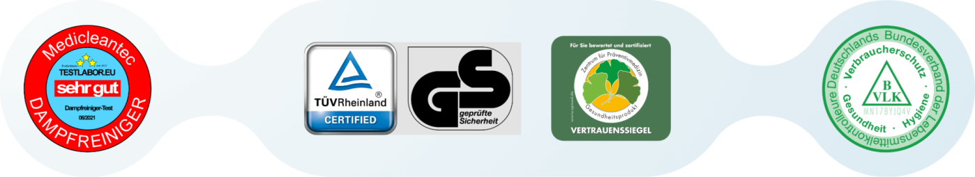 numerous certificates for Thermostar and Medicleantec: Testlabor, TÜV, GS, ZPMed trust seal, Association of Food Inspectors